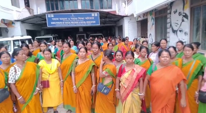 Protest in Agartala demanding regularization of Anganwadi workers and helpers.