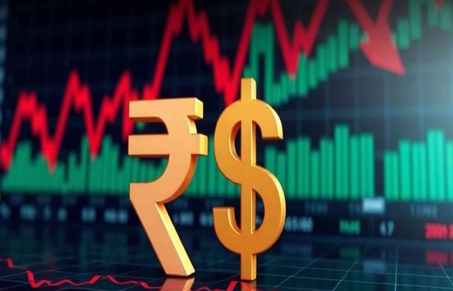 Sensex and Nifty fall; rupee also declines.